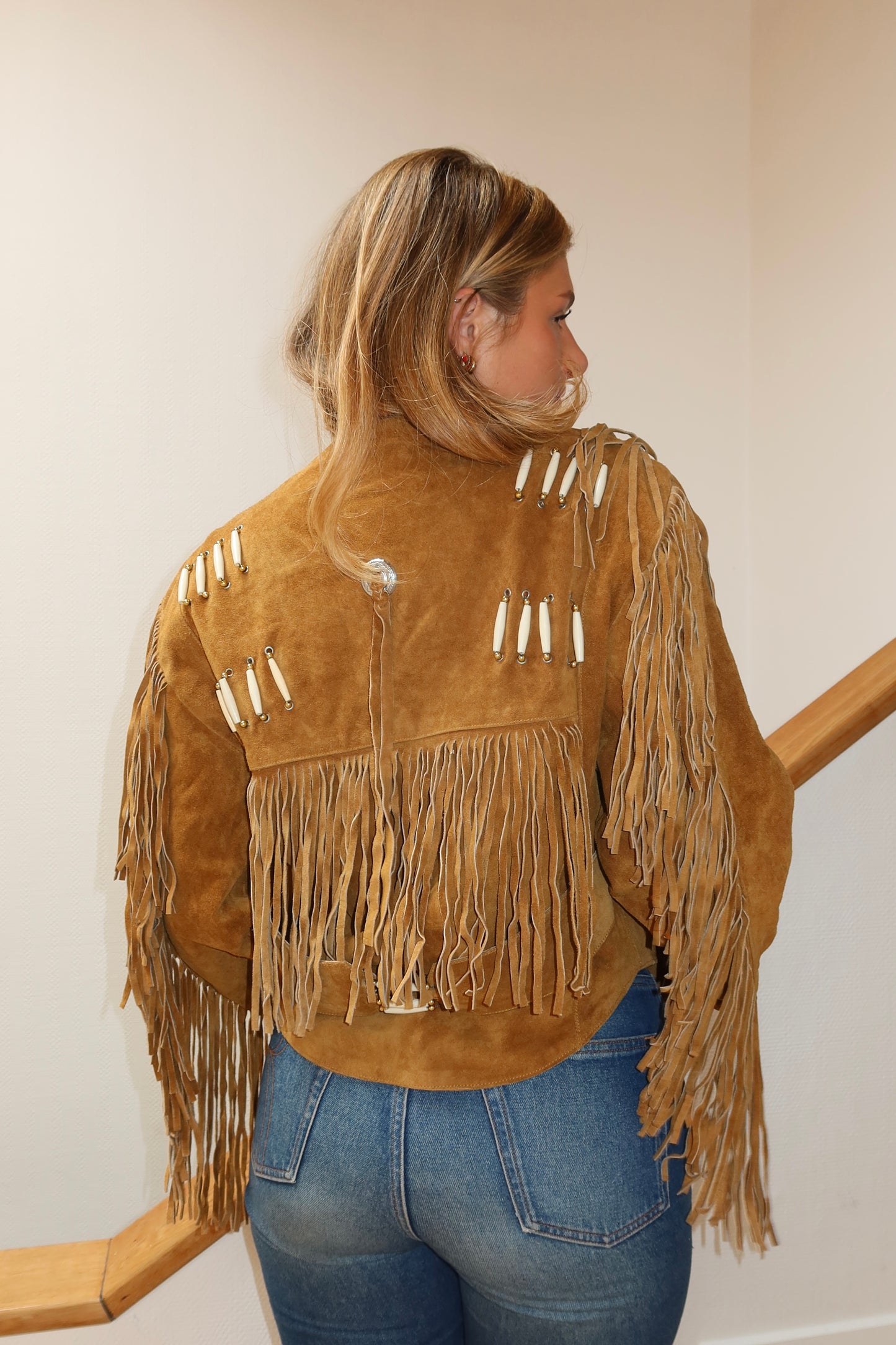 Veste en cuir camel à franges