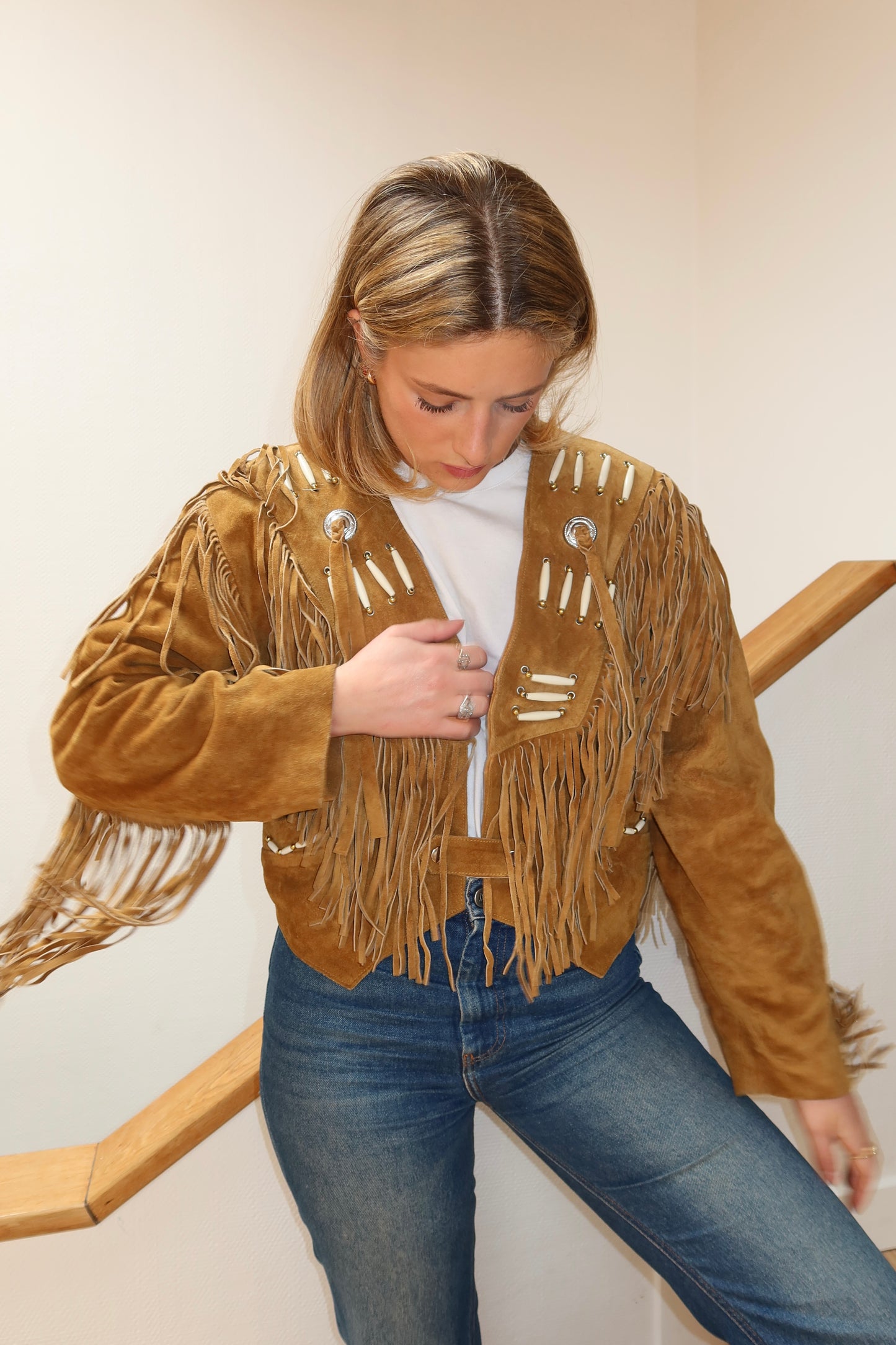 Veste en cuir camel à franges