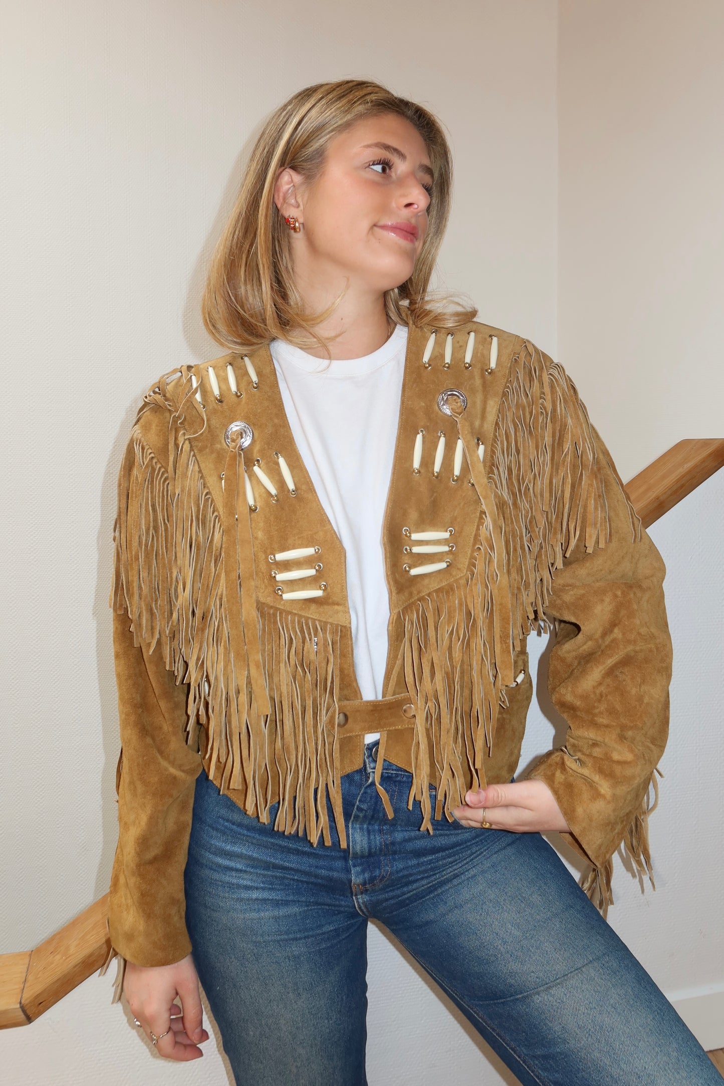 Veste en cuir camel à franges