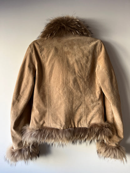 Veste en cuir avec bordures en fourrure beige