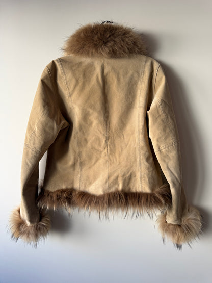 Veste en cuir avec bordures en fourrure beige