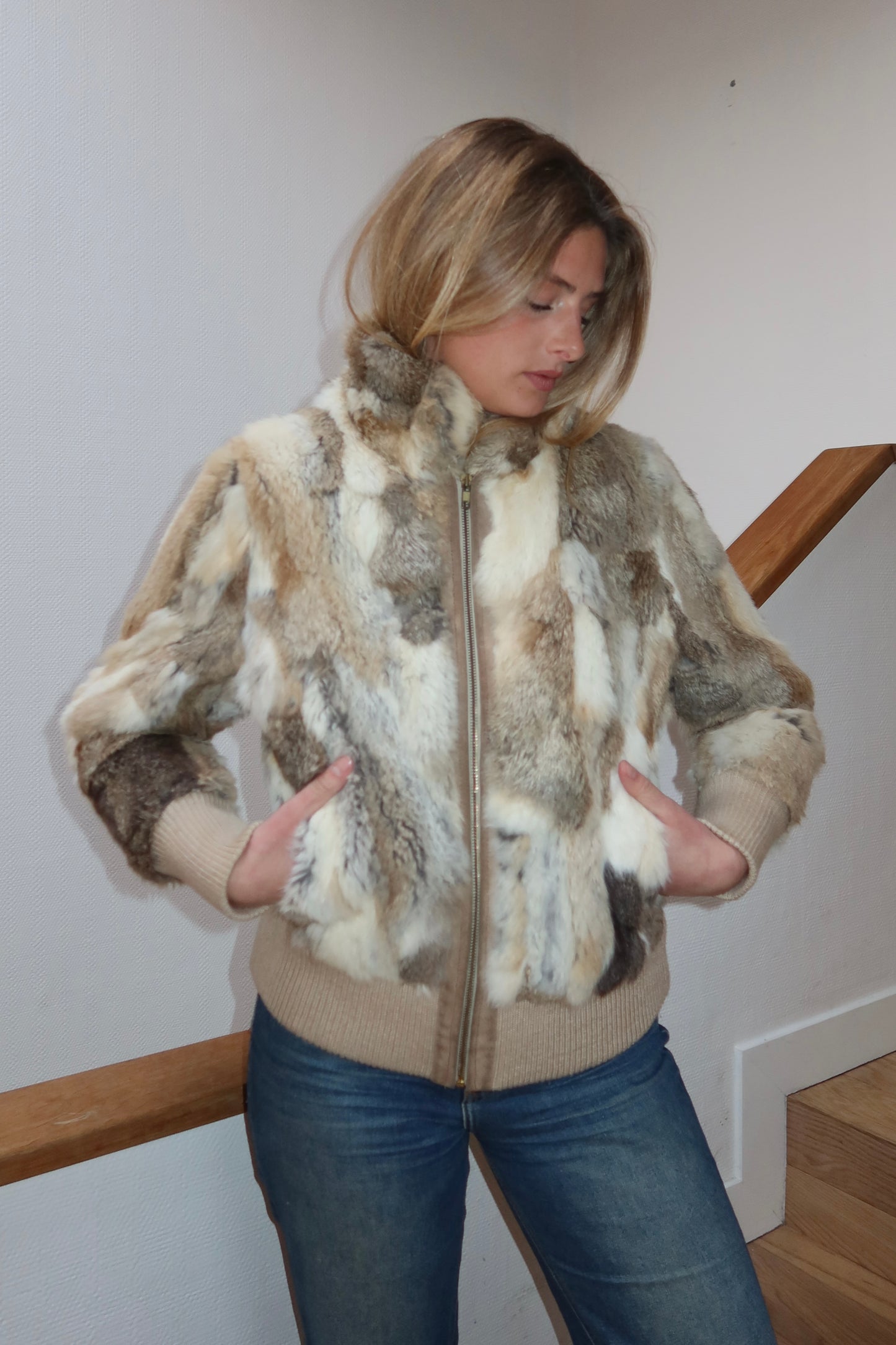 Veste courte en fourrure multicolore