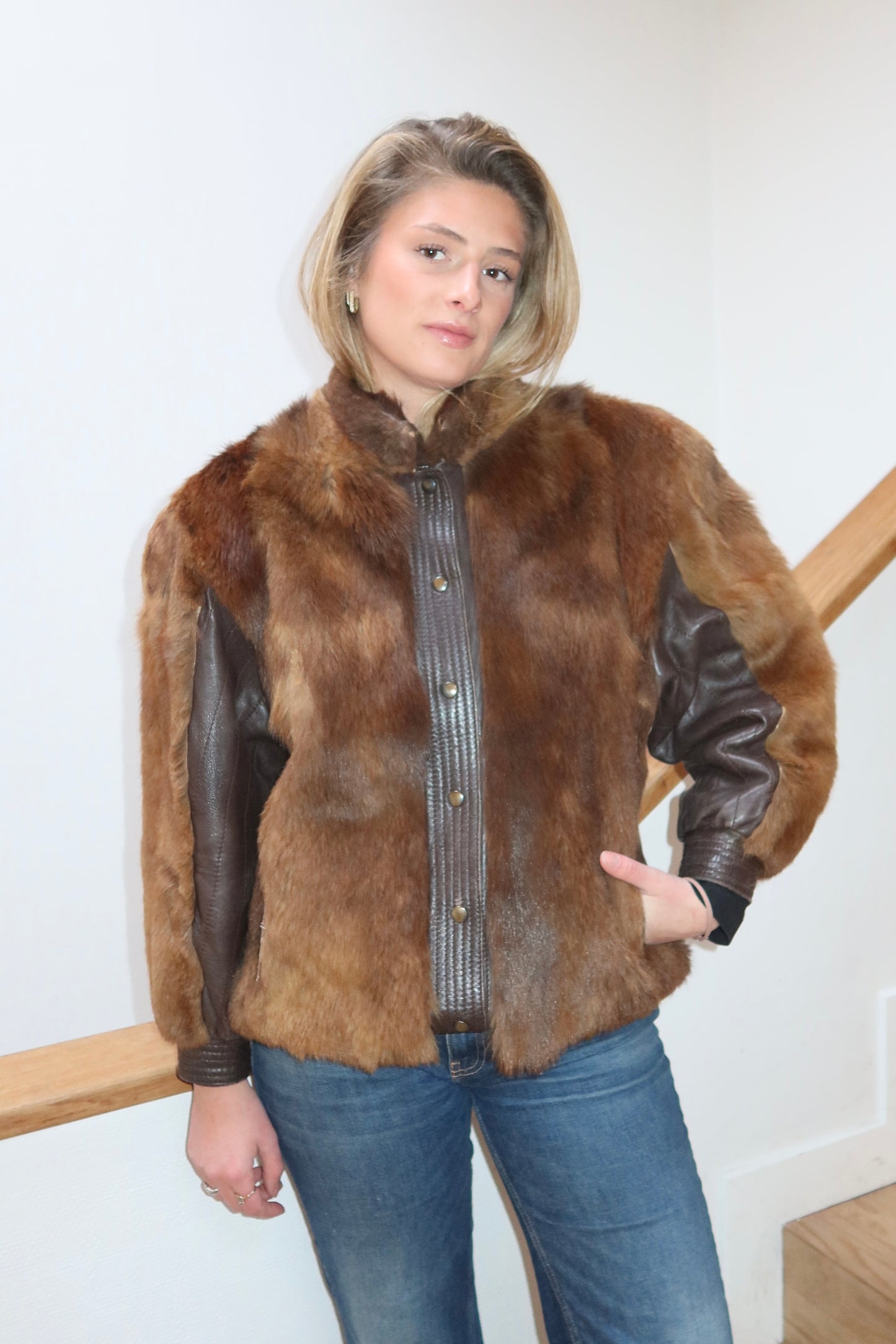 Veste en fourrure et cuir marron