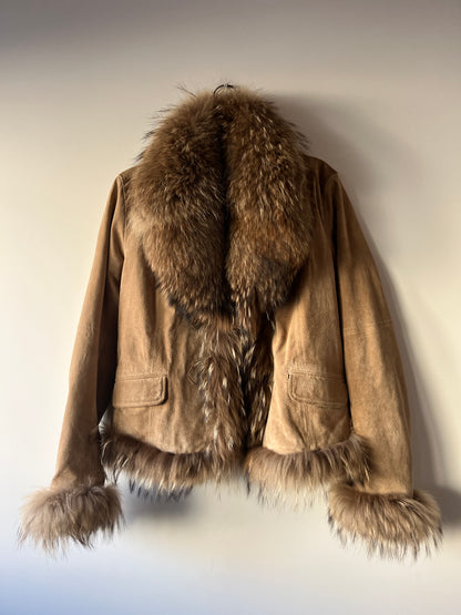 Veste en cuir avec bordures en fourrure beige