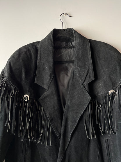 Veste en cuir noire à franges