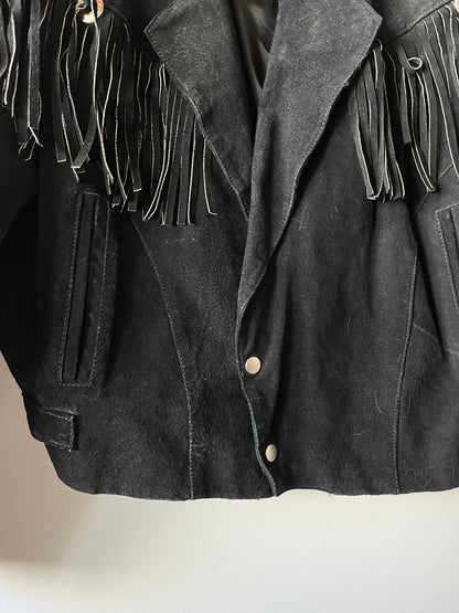 Veste en cuir noire à franges