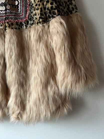 Veste bi-matière léopard brodé et fausse fourrure