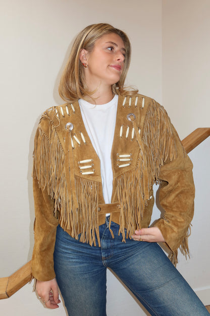 Veste en cuir camel à franges